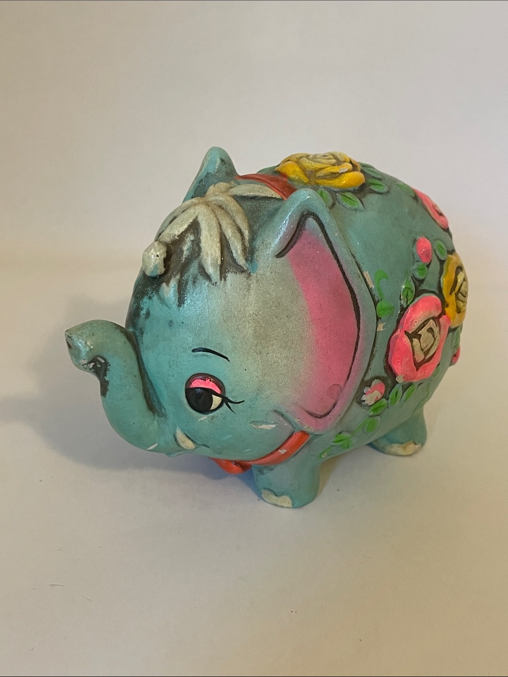 Vintage Elephant Bank Japan Holiday Fair Ceramic Flower Power Retro Mod
